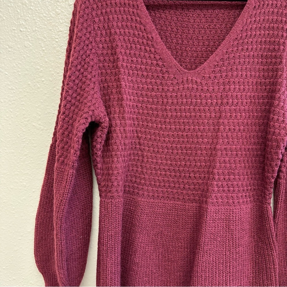 Cupshe V Neck Honeycomb Long Sleeve Sweater Dress Burgundy - Picture 3 of 5